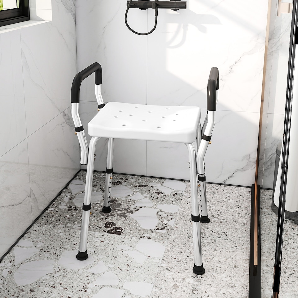 image 1 of HOMCOM Portable Shower Stool, Non-Slip Shower Chair with Adjustable Height, Rust-Free Aluminium Bath Chair for Elderly, Disabled, White