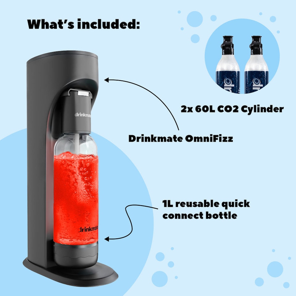 image 1 of Drinkmate OmniFizz Soda Maker, Sparkling Water Maker with x2 60L CO2 Canisters - Red