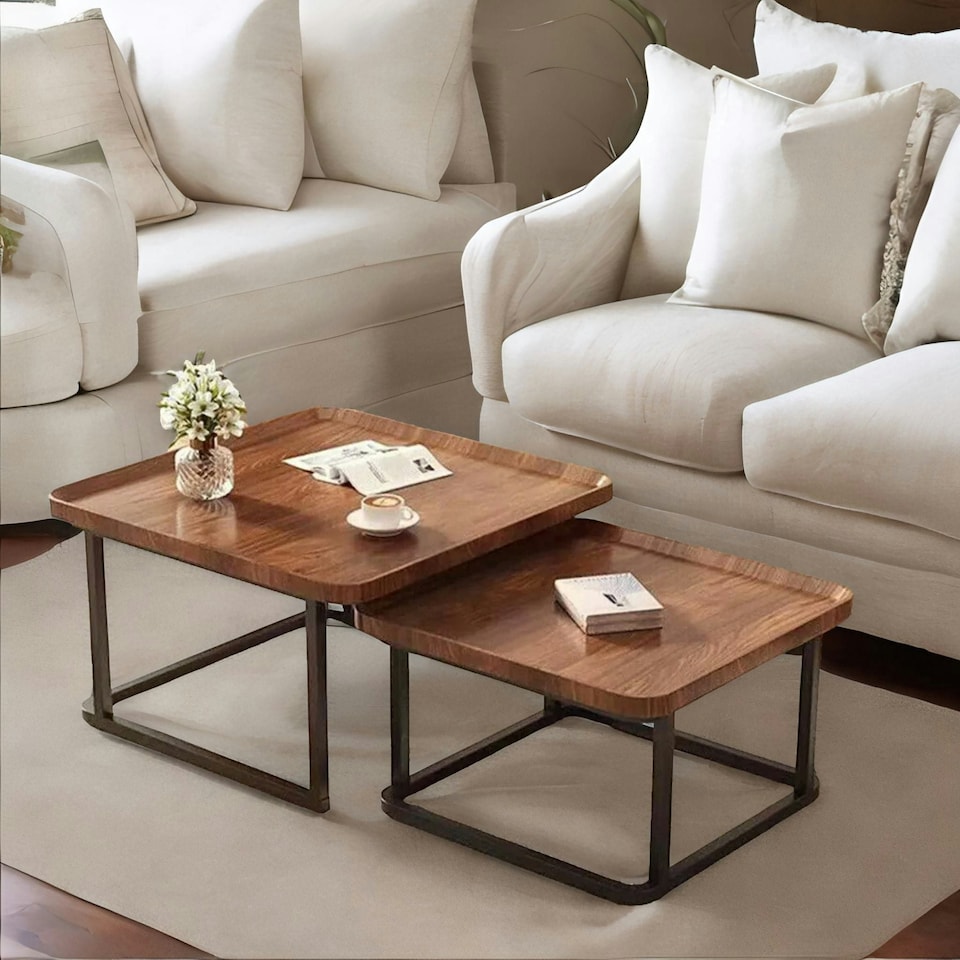 image 1 of 2PC Industrial Square Nesting Coffee Tables Rustic Brown Brown