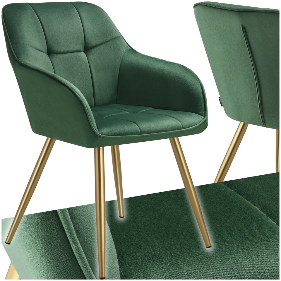 image 1 of Chair Marilyn - quilted velvet look, continuous backrest, golden steel legs - per piece Green | Dark Green/Gold