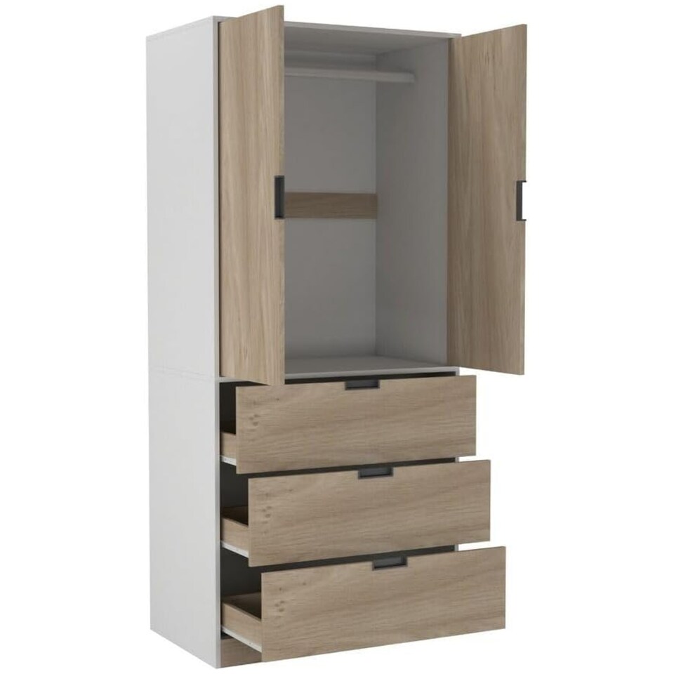 image 1 of 2 Door 3 Drawer Wardrobe with Hanging Rail - Modern Bedroom Storage Furniture | White | White with Oak Doors | 1