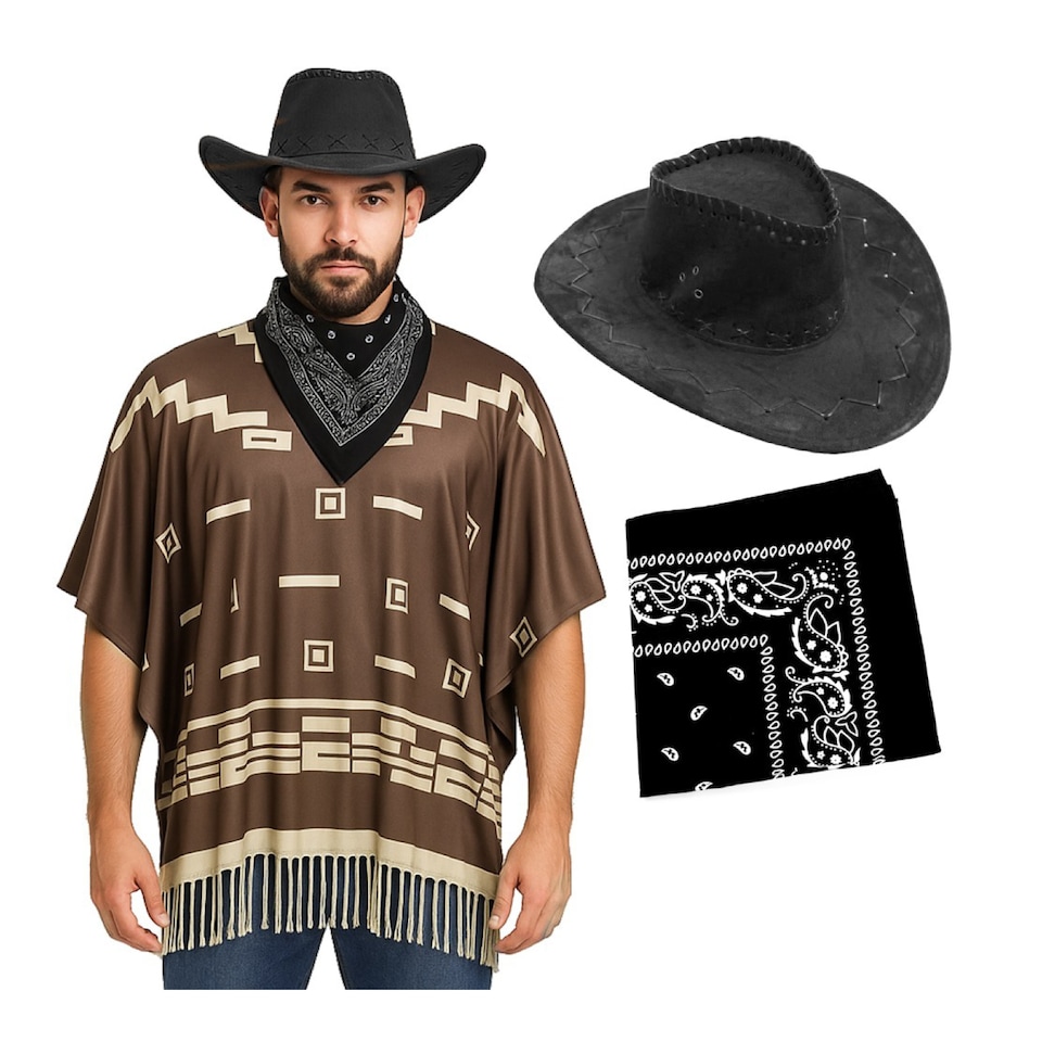 image 1 of Wild Western Costume 3 Pcs with Black Suede Hat | Multi | One Size