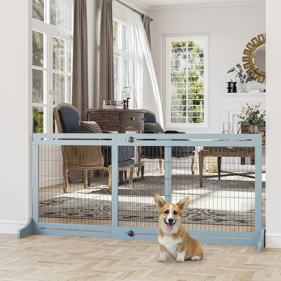 image 1 of PawHut Adjustable Wooden Pet Gate Freestanding Dog Barrier for Doorway, Grey