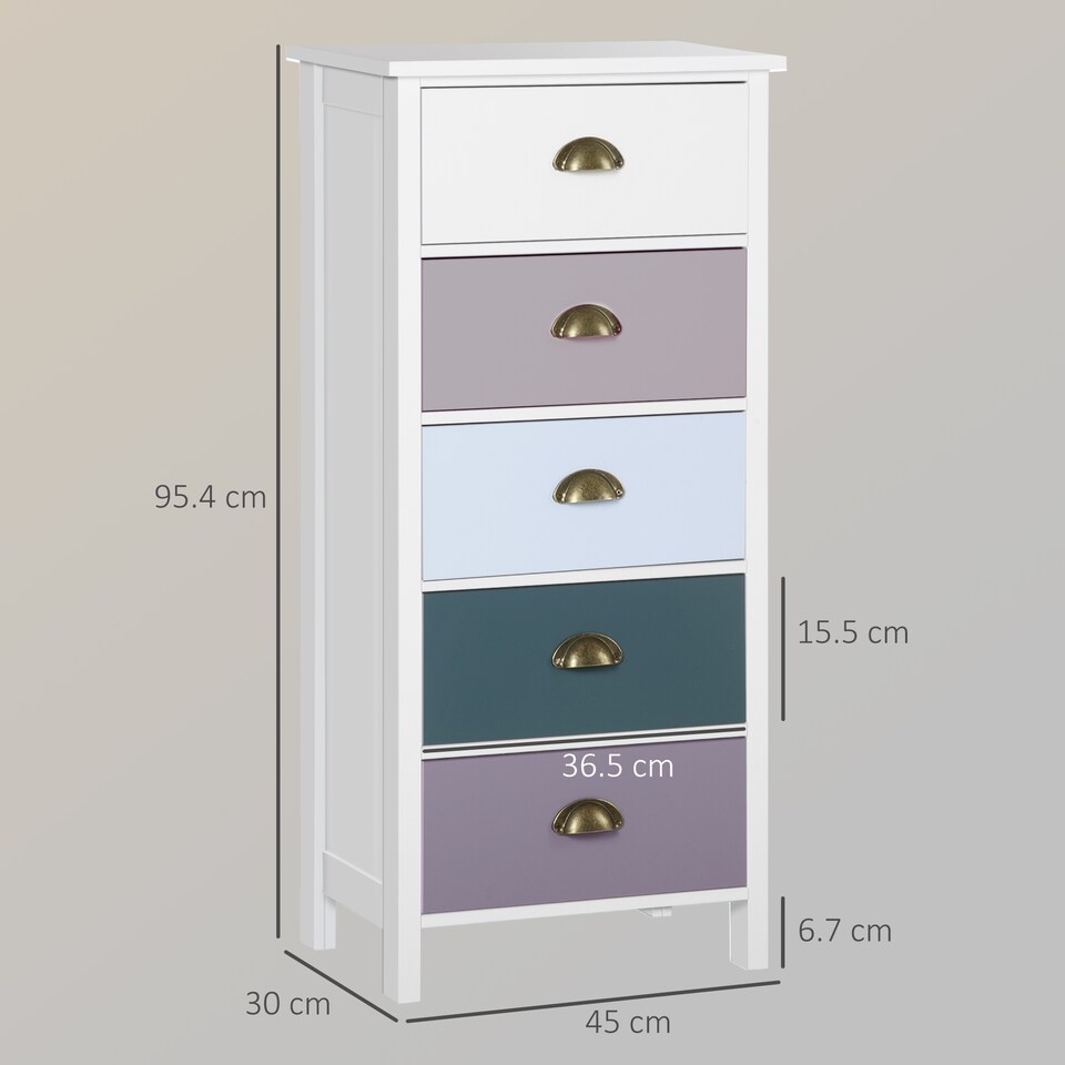 image 1 of HOMCOM Slim Storage Cabinet Organiser, Chest of Drawers, 5-Drawer Dresser with Metal Handle for Living Room, Bedroom, Blue