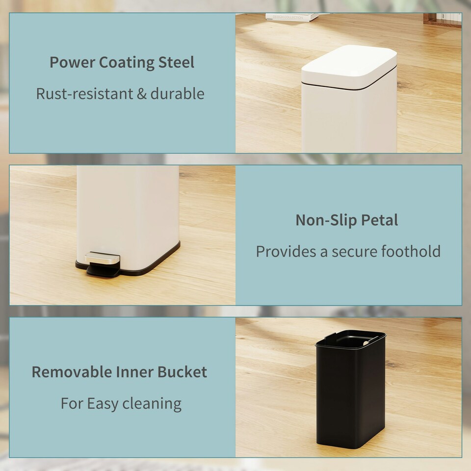 image 1 of HOMCOM 5L Rectangle Compact Bin Steel Body Inner Bucket Quiet-Close Lid w/Pedal | White | 5L | 1