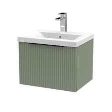 Balterley Fluted Front Wall Hung Single Drawer Bathroom Vanity Unit with 1 Tap Hole Ceramic Basin, Handles | Green | Satin Green
