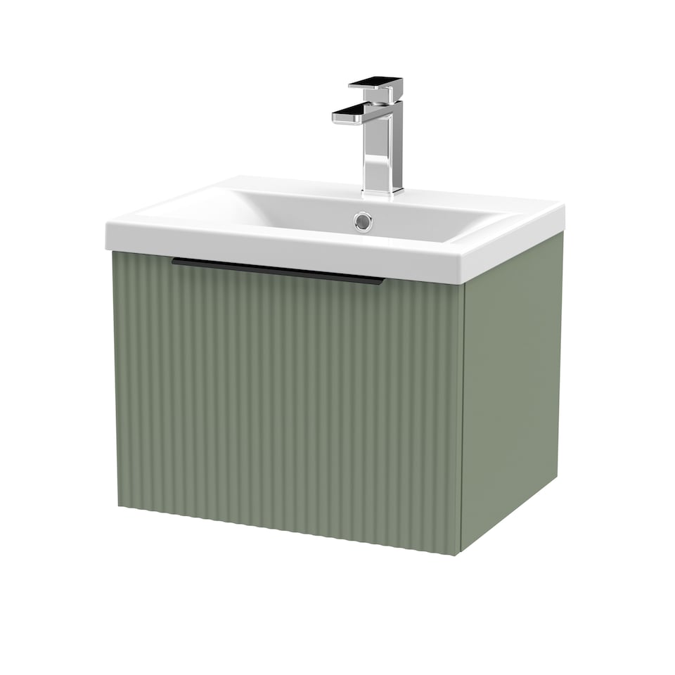 image 1 of Balterley Fluted Front Wall Hung Single Drawer Bathroom Vanity Unit with 1 Tap Hole Ceramic Basin, Handles | Green | Satin Green