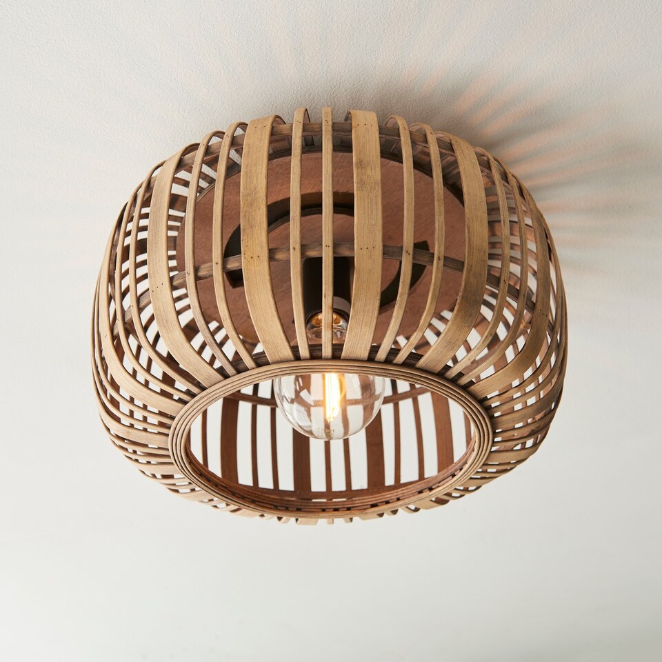 image 1 of Mathias Decorative Flush Ceiling Lamp, Natural Bamboo, Plywood, Matt Black Paint