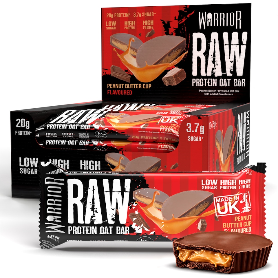 image 1 of Warrior RAW Protein Bars 12 x 75g – 20g High Protein Bar, Low Sugar High Fibre Oat Protein Flapjack – Protein Snacks, Meal Replacement Bars (Peanut Butter Cup)
