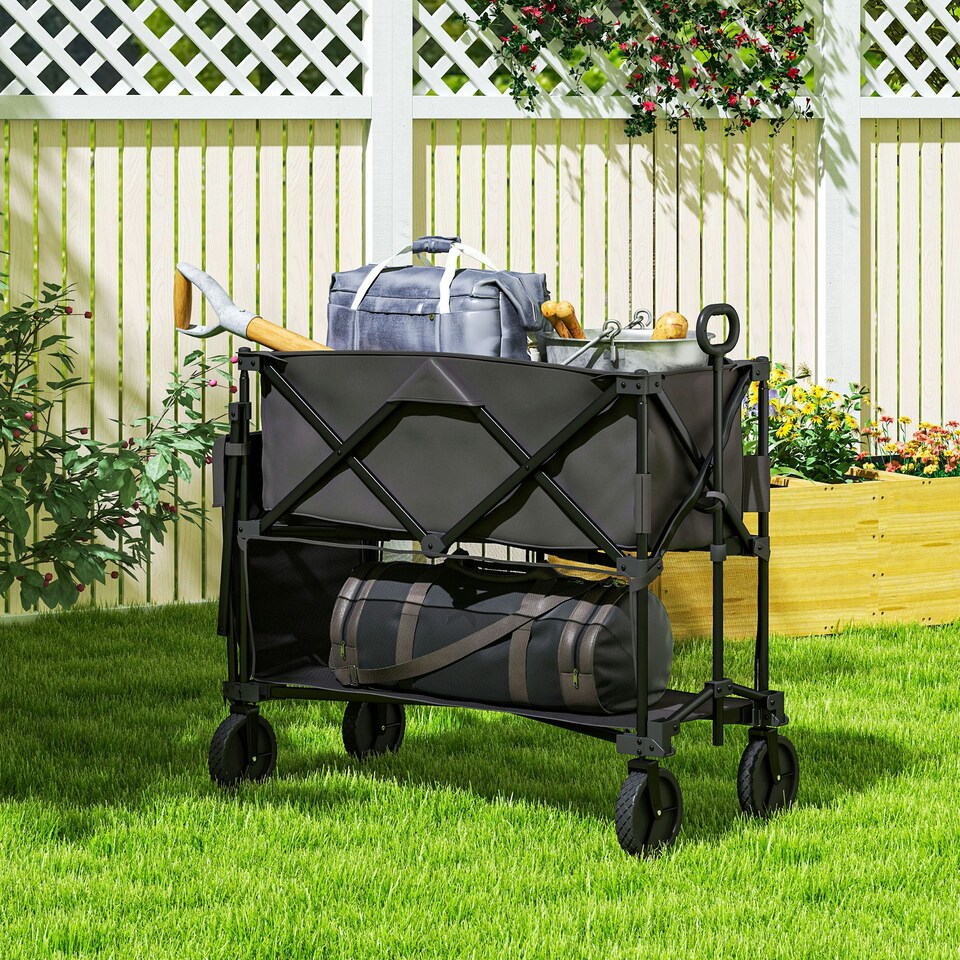image 1 of Outsunny Double Decker Folding Trolley Cart on Wheels, 200KG Capacity Black