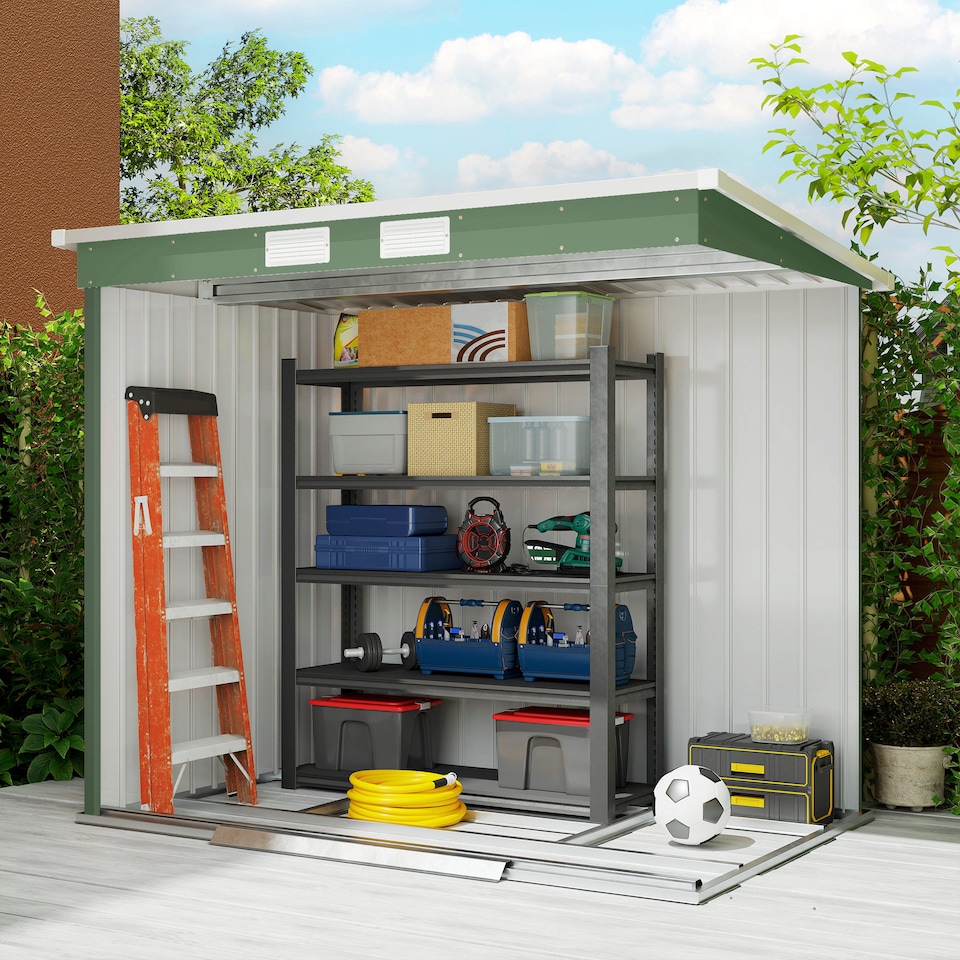 image 1 of Outsunny 7 x 4ft Lean to Garden Shed with Foundation Kit, Double Door and Vents, Outdoor Metal Storage Shed for Equipment Tools, Green