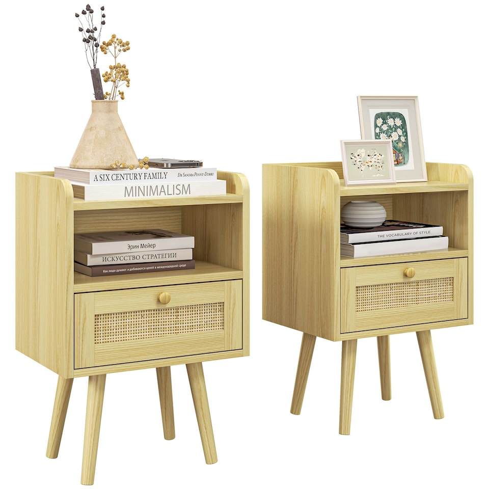image 1 of Bedside Tables, Set of 2, Boho Side End Table w/ Drawer, Storage Compartment