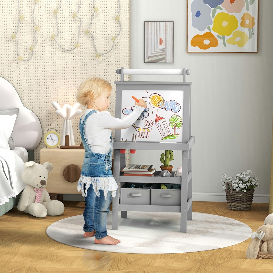 image 1 of AIYAPLAY Art Easel for Kids with Paper Roll, 3 in 1 Kids Easel Double-Sided Magnetic Whiteboard and Chalkboard with Storage Baskets, for Children 3-6 Years 