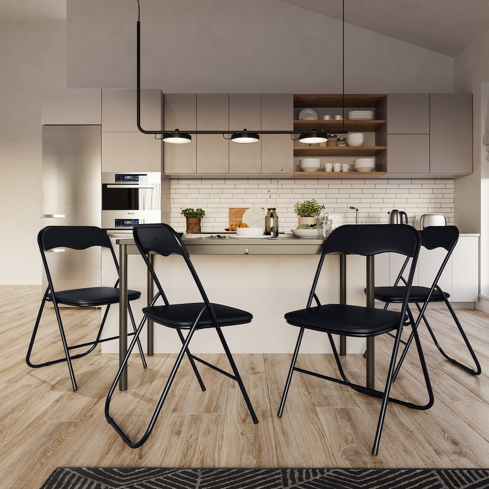 image 1 of 4-Pc Folding Chair Set with Cushioned PVC Seat and Back | Black | 4