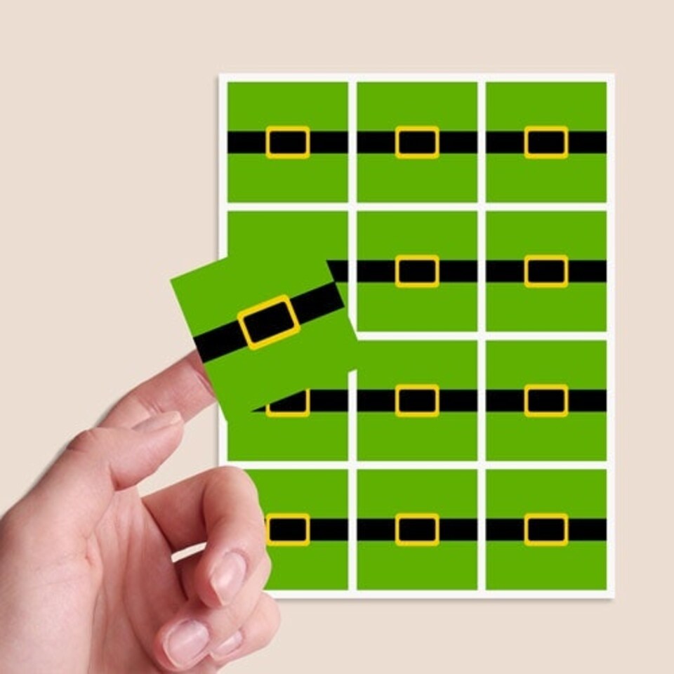 image 1 of Christmas Elf Belt Square Stickers 65mm - Sheet of 12