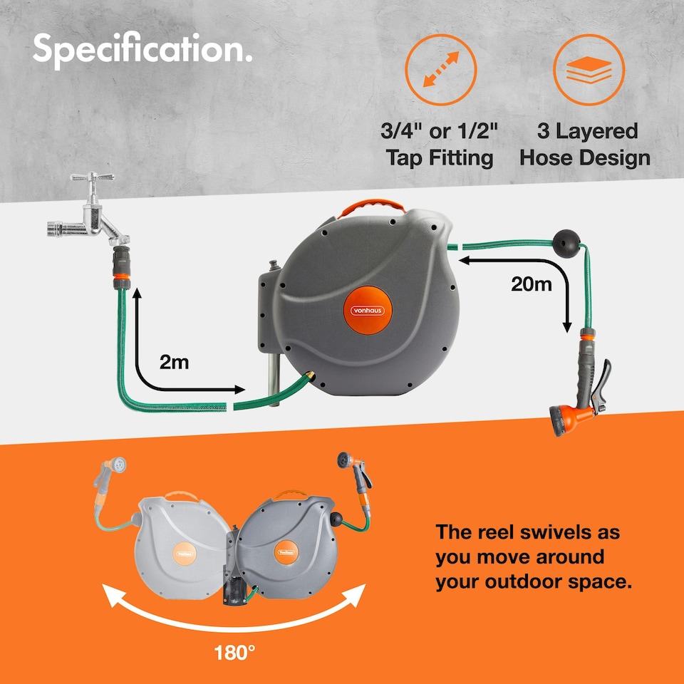 image 1 of VonHaus Garden Hose Reel 20m Wall Mounted & Retractable