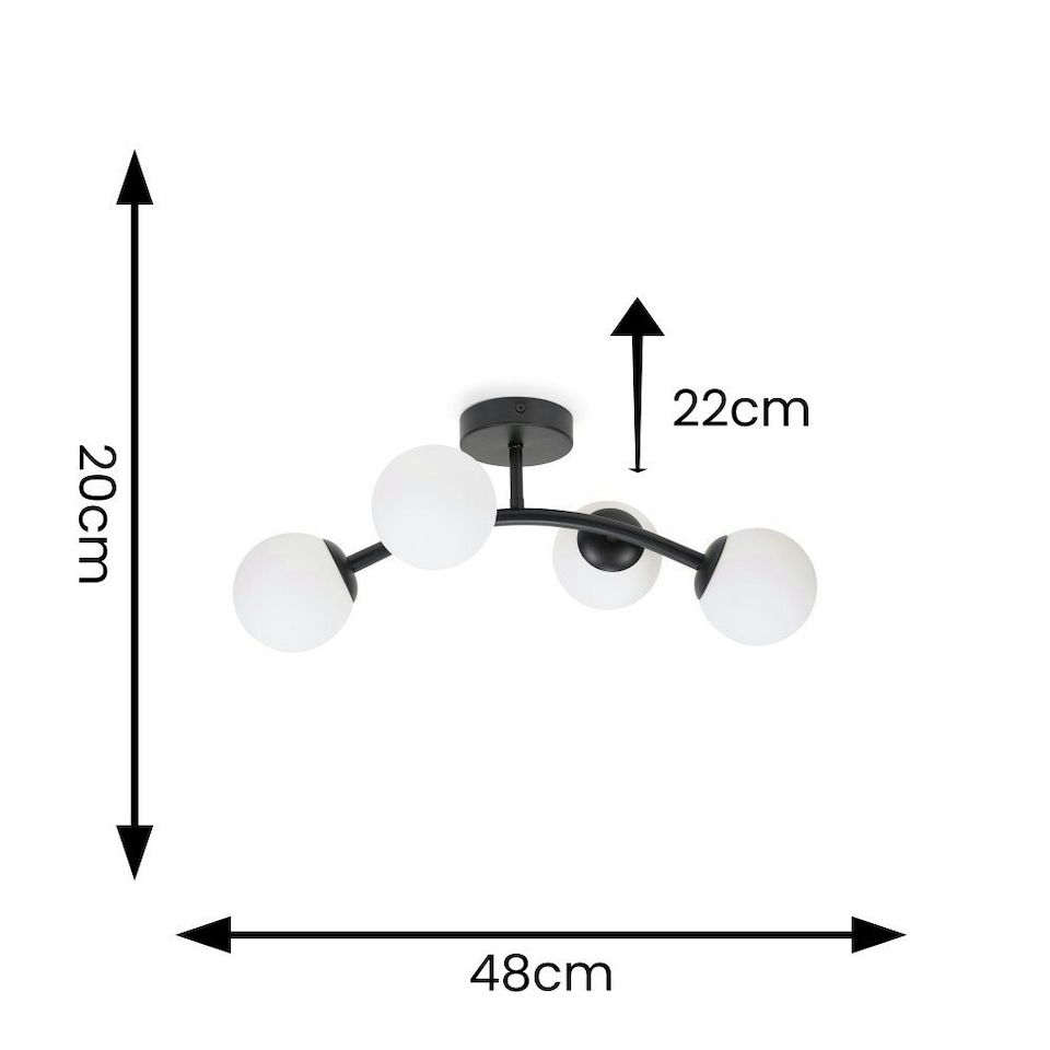 image 1 of ValueLights Jas Black 4 Way Ceiling Light with Opal White Frosted Glass Globe Shades
