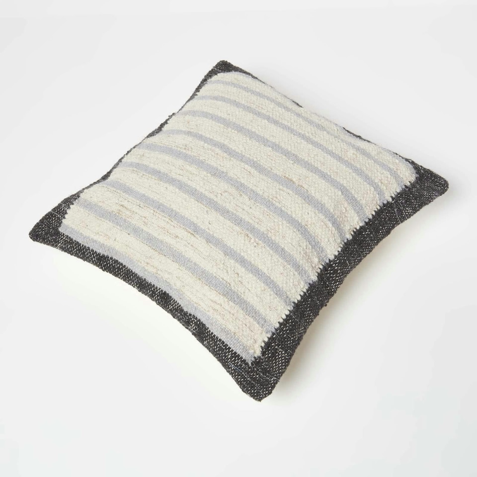 image 1 of Homescapes Veria Handwoven Grey Stripe Kilim Cushion - 45 x 45 cm | Grey | Cream, Grey | 1
