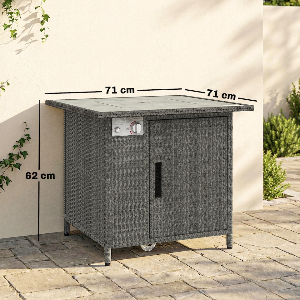 image 1 of Outsunny Rattan Gas Fire Pit Table with Rain Cover, Wind Guard, 14.5 KW | Grey | Dark Grey | 71 x 71 x 62 cm