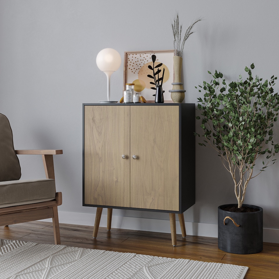 image 1 of Black 2-Tier 2-Door Wooden Cabinet With Legs | Brown | Oak & Beech | 0 x 0 x 0 | 1