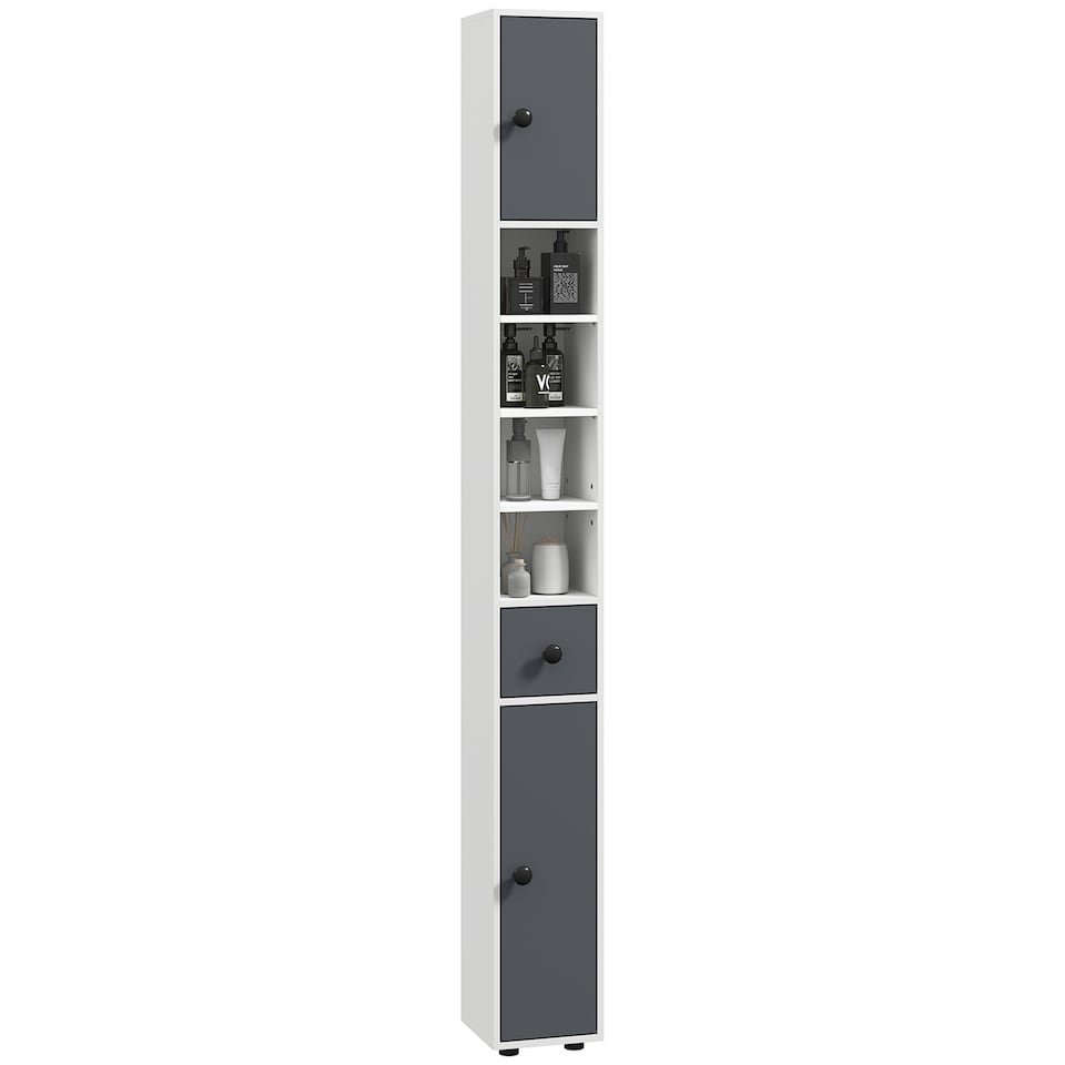 image 1 of kleankin 180cm Tall Bathroom Cabinet, Slim Bathroom Storage Cabinet with 4 Open Shelves, 2 Door Cupboards and Adjustable Shelves, White and Grey
