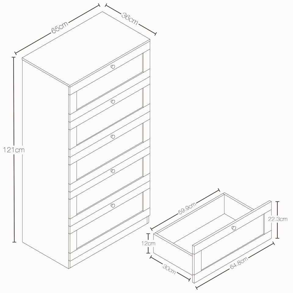 image 1 of Vida Designs Altino White 5 Drawer Chest Storage Unit - H: 121cm x W: 65cm x D: 36cm