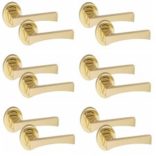 Golden Grace 6 Sets Wave Design Door Handles Latch on Round Rose in Electro Brass Finish- 52mm Diameter Gold