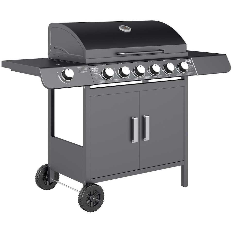 image 1 of Outsunny 6+1 Burner Gas BBQ Grill Garden Barbecue with Wheels, Cabinet Grey