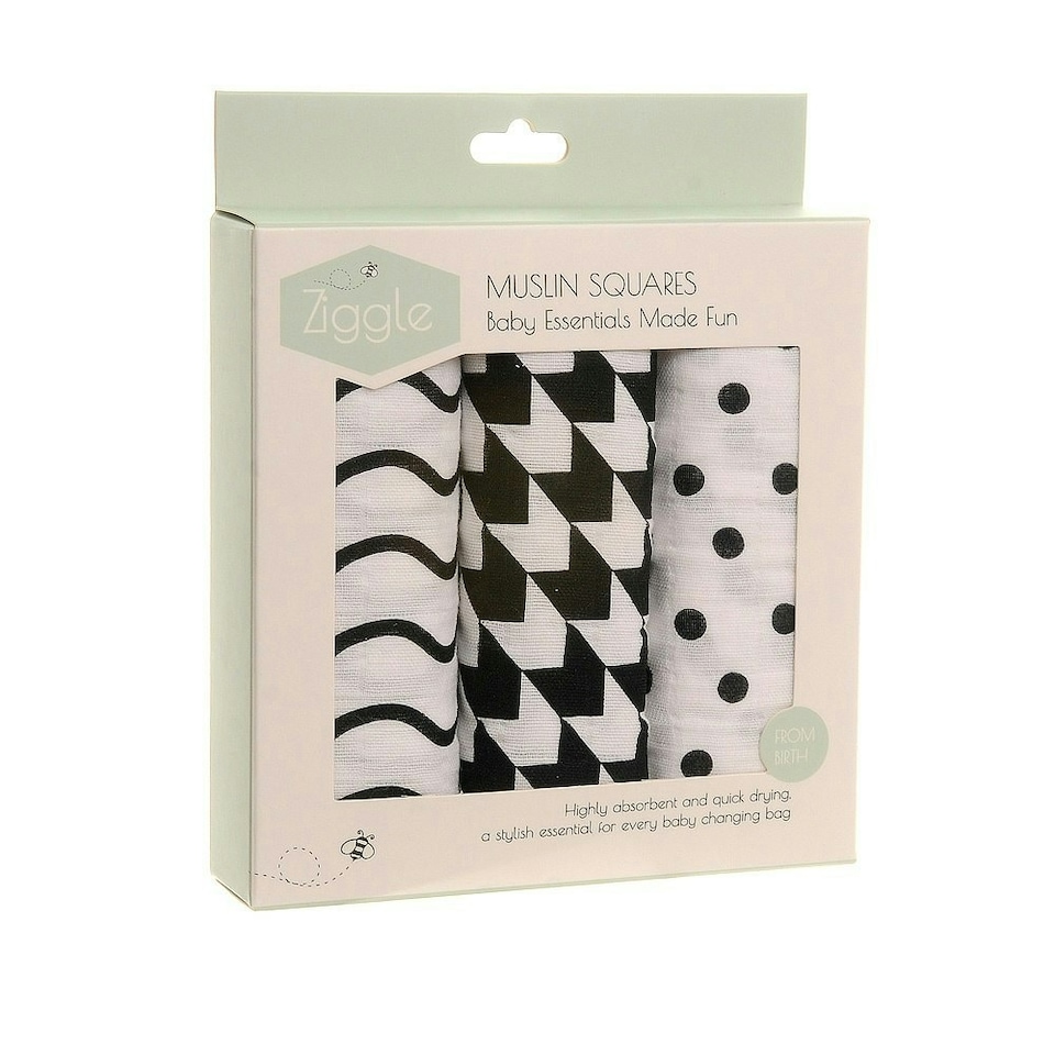 image 1 of Ziggle Muslin Square 3 Pack - Sensory Black & White