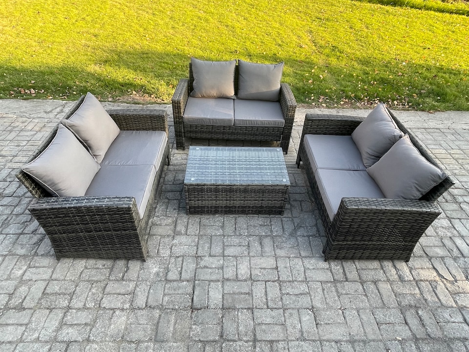 image 1 of Fimous Dark Grey 6 Seater Outdoor Rattan Garden Furniture Set Patio Love Sofa Rectangular Coffee Table Set