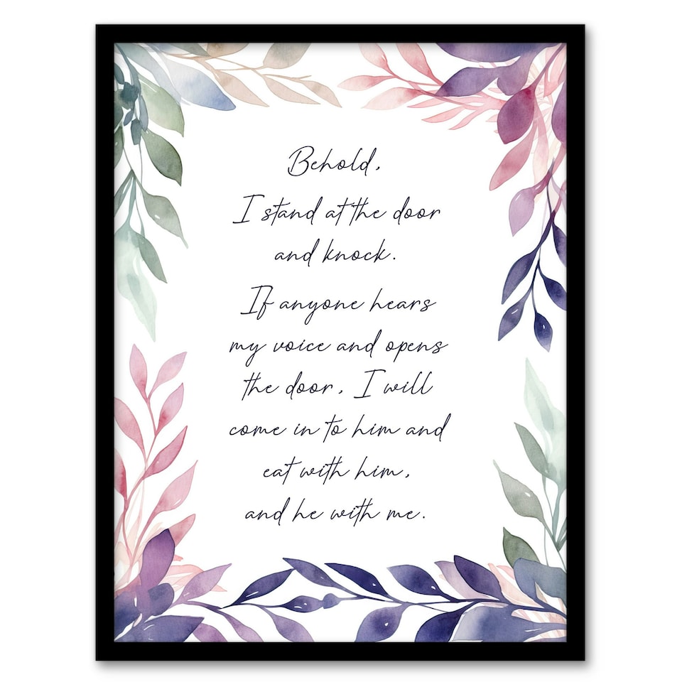 image 1 of Behold Stand At Door Knock Violet Revelations Bible Quote Black Framed Wall Art Print A8