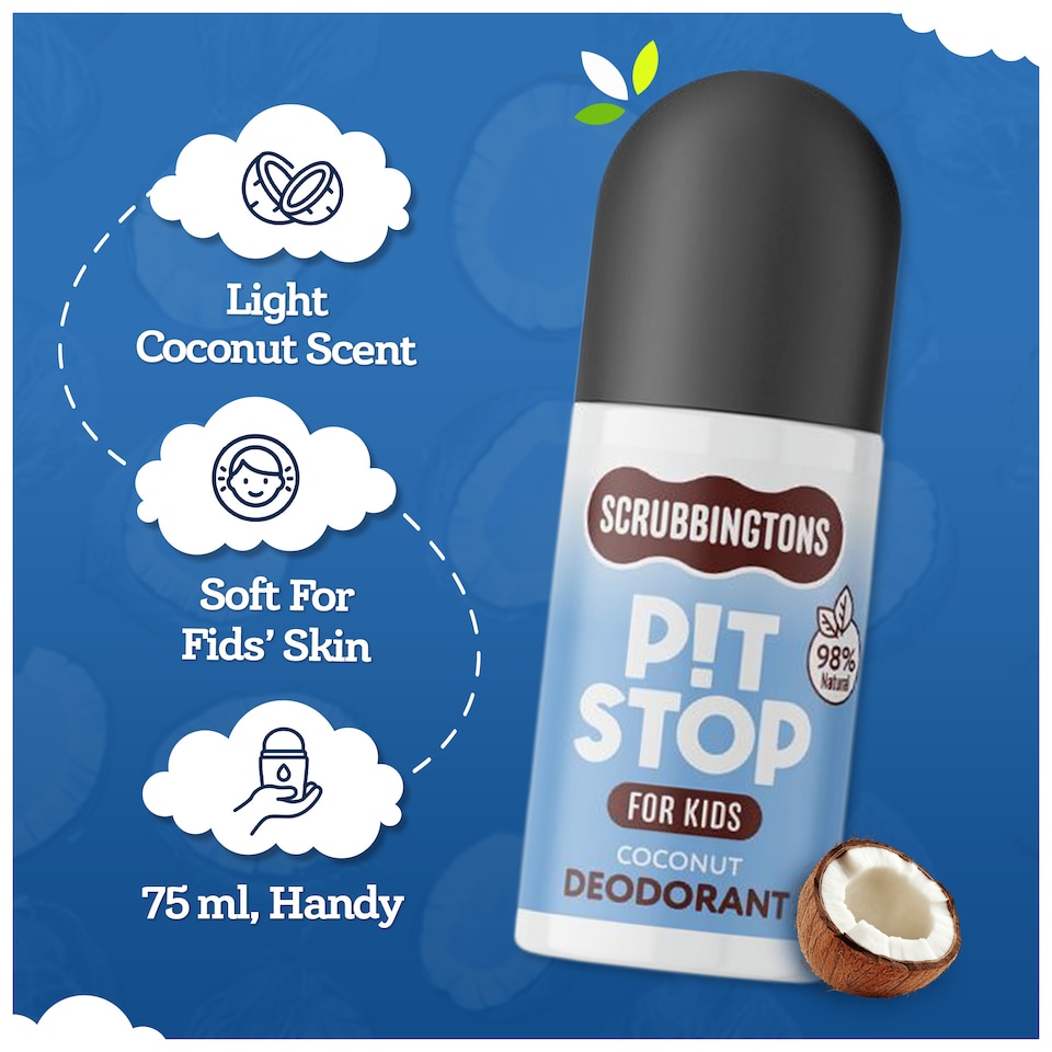 image 1 of Scrubbingtons Pit Stop Kids Deodorant Natural Roll On For Children, Teens. Natural Ingredients For Sensitive Skin Paediatrician approved, Aluminium & Alcohol Free, Coconut, 75ml | White | White | 1