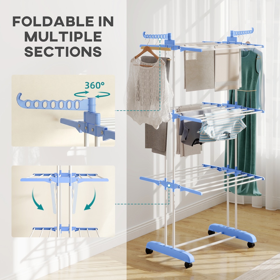 image 1 of HOMCOM Foldable Clothes Drying Rack Steel Garment Dryer with Casters Blue