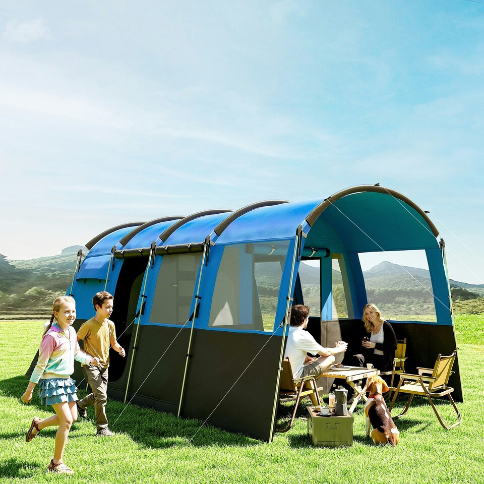 image 1 of Outsunny 8-Person Camping Tent Tunnel Design with 4 Large Windows Green | Green