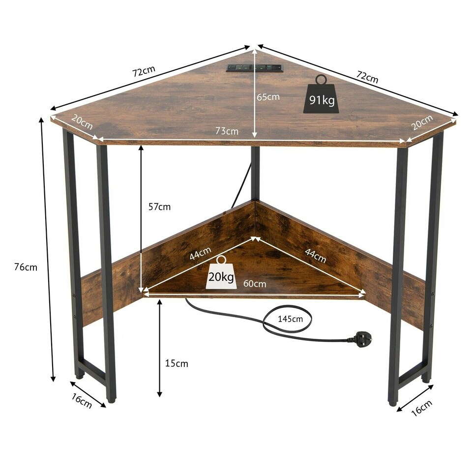 image 1 of COSTWAY Corner Desk Triangle Computer Table w/Power Outlet Brown Brown