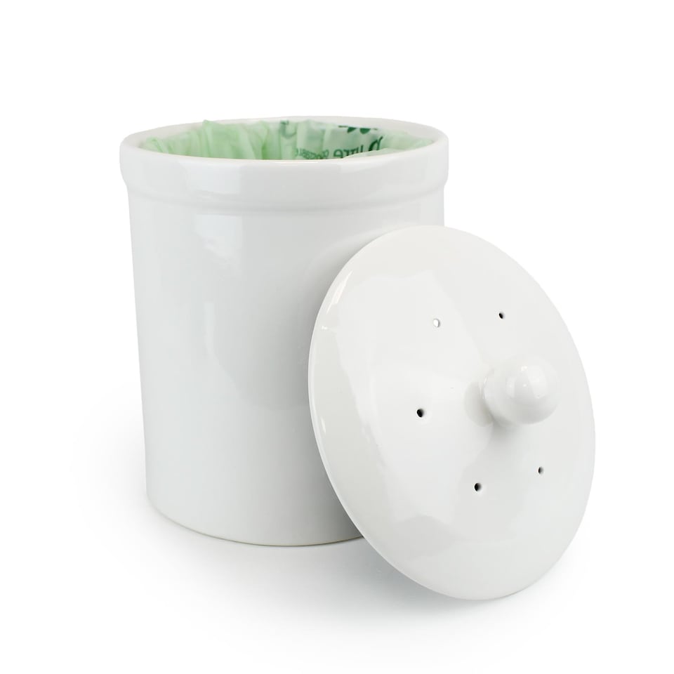 image 1 of White Ceramic Compost Caddy - Portland Kitchen Ceramic Compost Bin for Food Waste Recycling