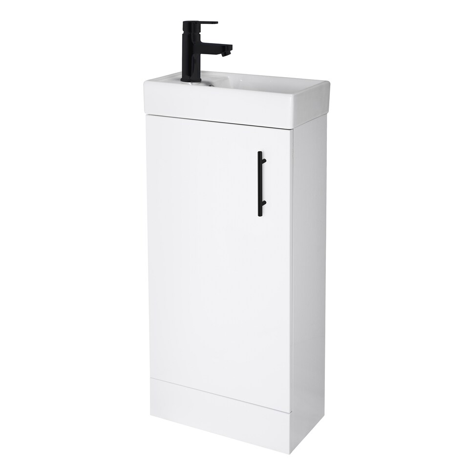 image 1 of Wall Hung Vanity Basin 400mm Gloss White & Matt Black Handle | White | Gloss White | 781 x 400 x 222mm