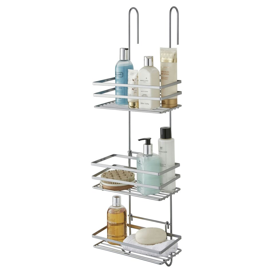 image 1 of Shower Caddy 3 Tier Bathroom Storage Organiser Hanging Basket With Shelving Over The Door Silver