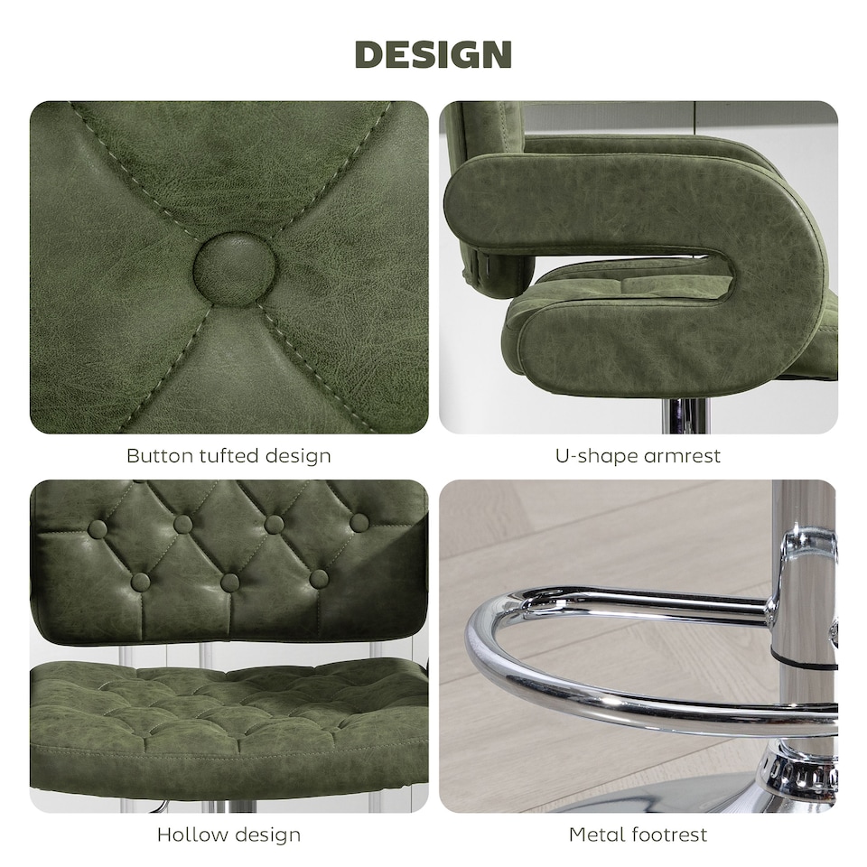 image 1 of HOMCOM Swivel Bar Stool with Extra Large Seat, PU Leather Upholstered Adjustable Barstool with Back, Arm and Footrest, Breakfast Bar Chair for Bistro, Kitchen, Green | Green | Green