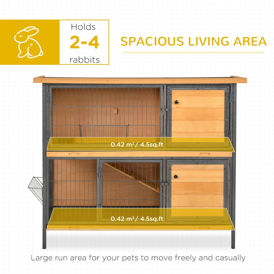 image 1 of PawHut Rabbit Hutch, Guinea Pig Hutch Outdoor Cage w/ Tray & Roof, Yellow