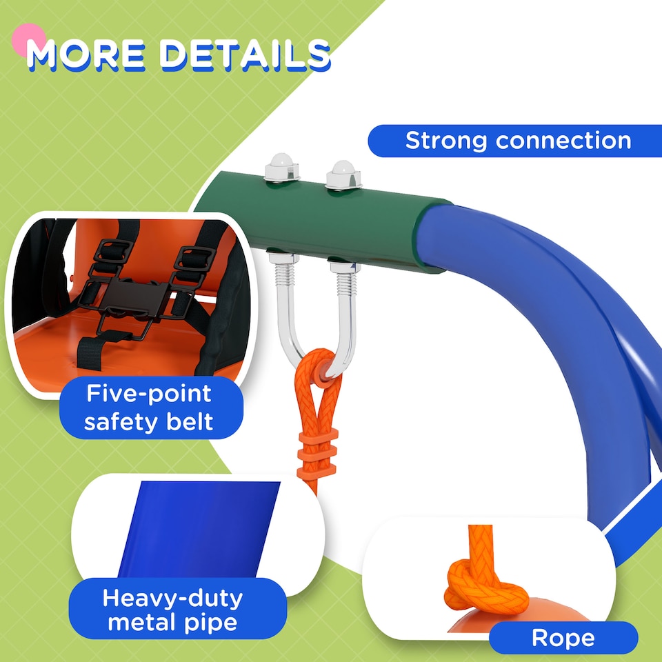 image 1 of Outsunny Garden Swing Set for Toddlers w Safety Belt - Orange and Blue