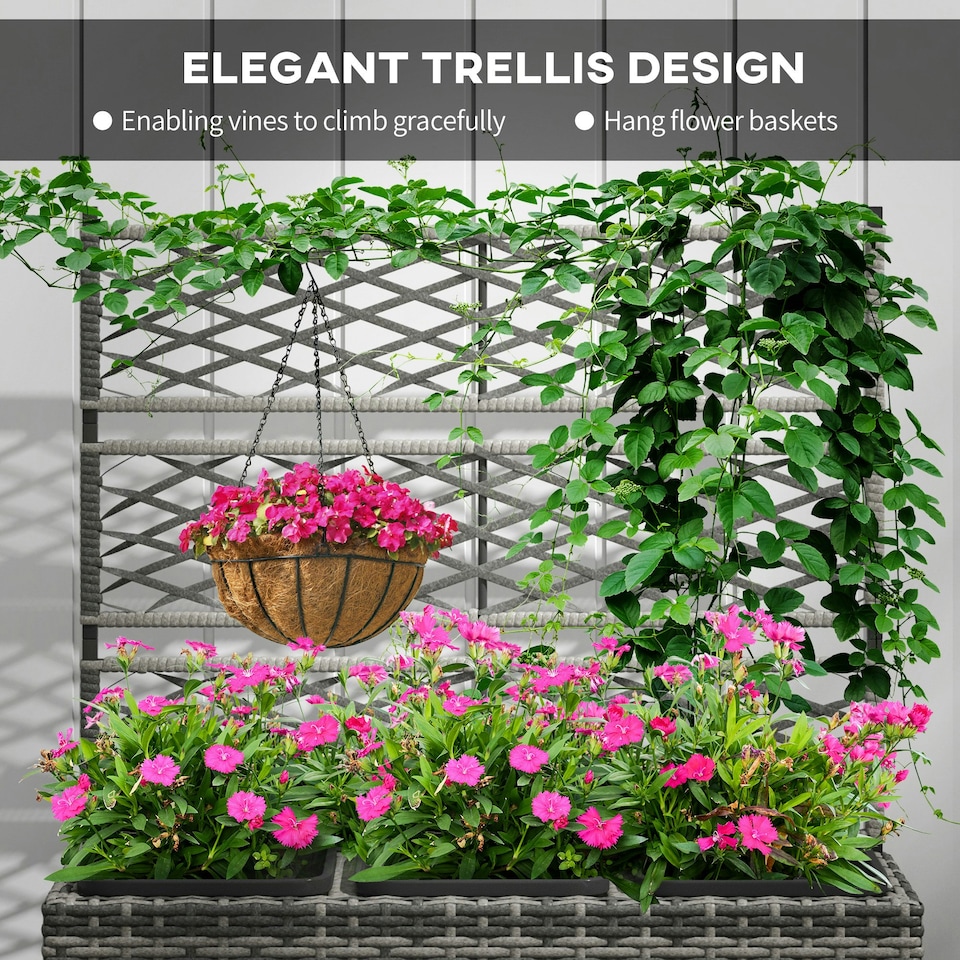 image 1 of Outsunny Garden PE Rattan Planter Box w/ Trellis Flower Raised Bed, 57x30x107cm