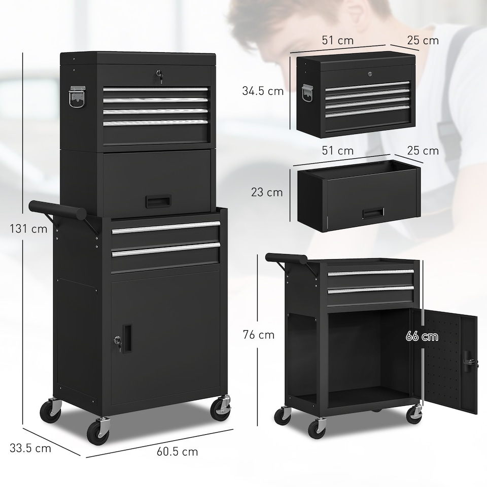 image 1 of HOMCOM Lockable Tool Cabinet, 3-in-1 Rolling Tool Chest Combo with 6 Drawers and Pegboard, Detachable Steel Tool Storage Cabinet for Garage and Workshop, Black | Black