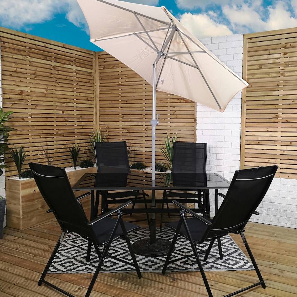 image 1 of Outdoor 4 Person Rectangular Glass Top Garden Patio Dining Table Chairs Cream Parasol and Base Set