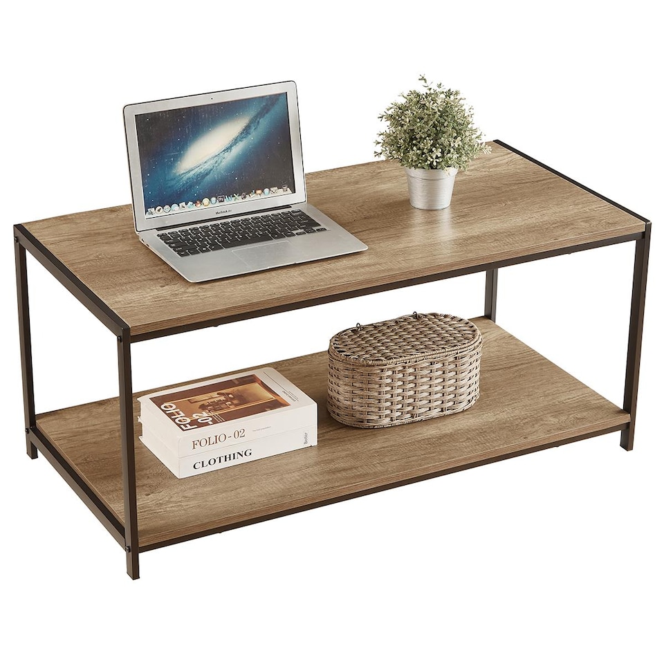 image 1 of House of Home Coffee Table Rustic Wooden Light Brown Grain Finish Living Room Storage Shelf 2 Tier | Brown | Light Brown