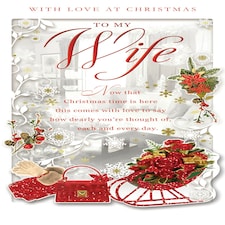 To My Wife Red Glitter Finished Bunch of Flowers Design Christmas Card