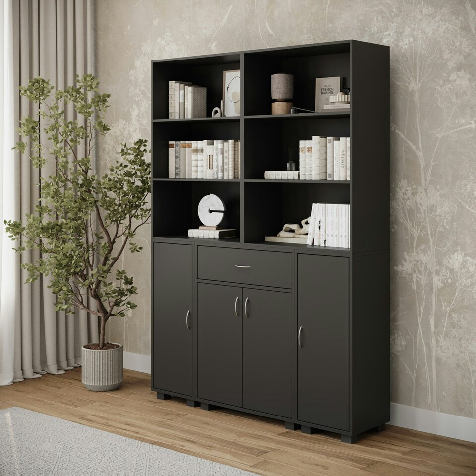 image 1 of Multi-Compartment Cabinet with 3-Tier Bookshelves and 1-Drawer Grey | Unit Colour: Grey