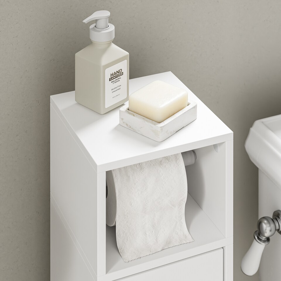 image 1 of SoBuy White Toilet Paper Storage Cabinet with Drawer and Adjustable Shelf, 7.8x7.8x33.4 in, 5.9 kg - BZR219-W
