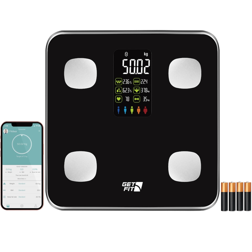 image 1 of Get Fit Smart Body Fat Bathroom Scales - Monitor Weight Loss, Digital Weighing Scale, Monitor 15 Compositions Free App & Large VA Led Screen | Black | 28x28cm | 1