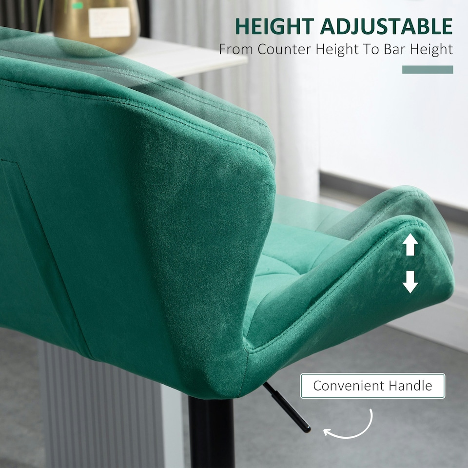 image 1 of HOMCOM Set Of 2 Luxurious Velvet-Touch Bar Stools Metal Frame Footrest Green
